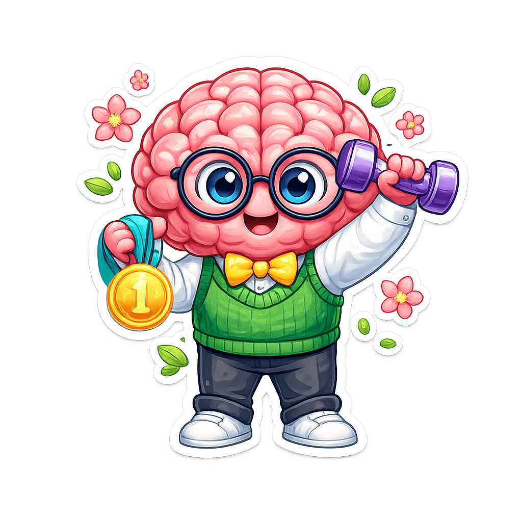 Coach Cortex, the BrightYears mascot, a friendly cartoon brain in a green sweater vest, pointing upward in encouragement